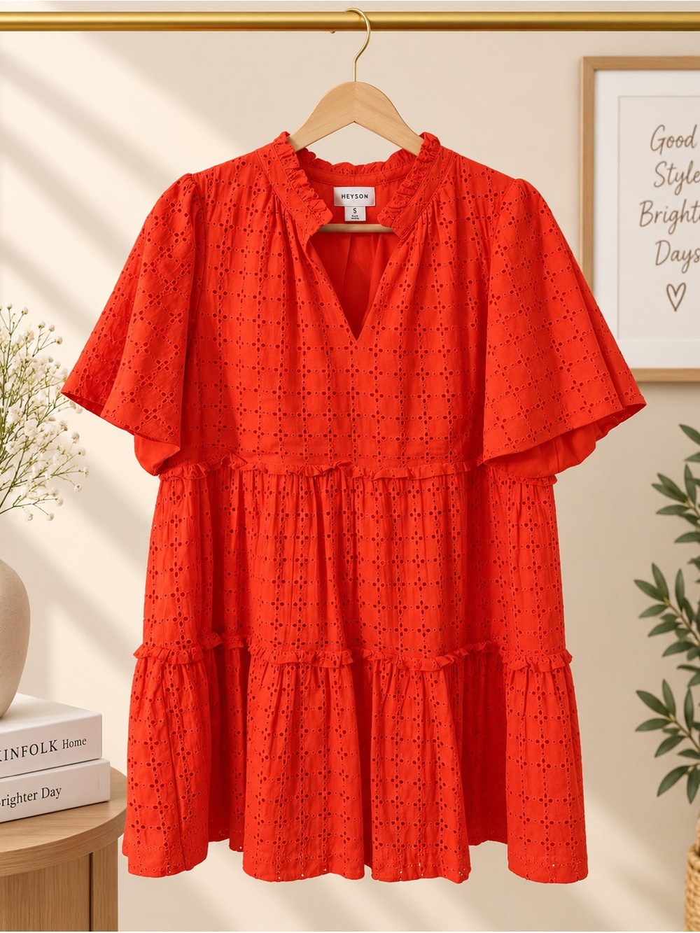 HEYSON Orange Eyelet Tiered Mini Dress